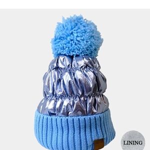 Kids Blue and Silver Pom-Pom Beanie